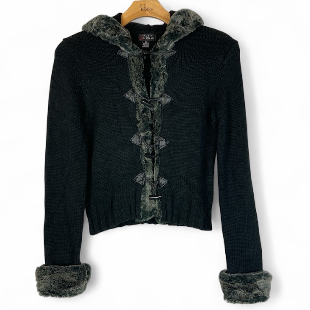 Vintage Black Fur Accent Hem Cozy Knit Jacket
